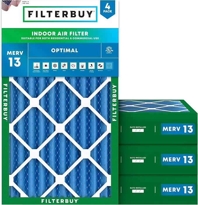12x20x4 Air Filter MERV 13 Optimal Smoke & Allergy Defense (4-Pack), Electrostatic Pleated HVAC AC Furnace