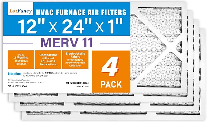 12x24x1 Air Filter MERV 11 4-Pack, Electrostatic Pleated AC Furnace Air Filter, Captures Dust, Smog & Pet Dander, Actual