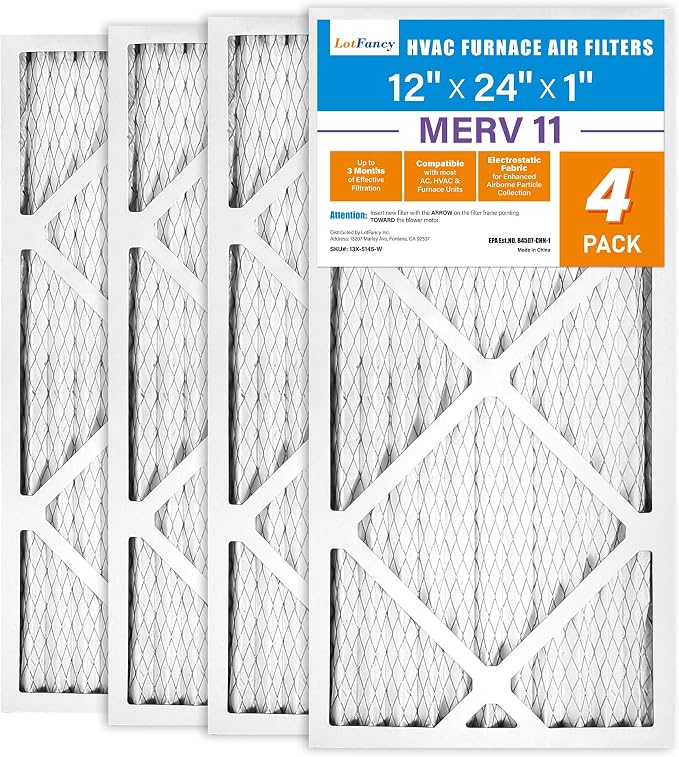 12x24x1 Air Filter MERV 11 4-Pack, Electrostatic Pleated AC Furnace Air Filter, Captures Dust, Smog & Pet Dander, Actual