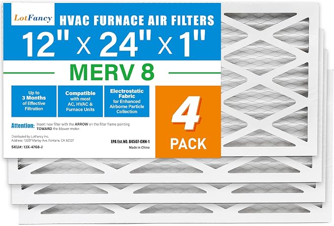 12x24x1 Air Filter MERV 8 4-Pack, Electrostatic Pleated Furnace & AC Filter, Captures Dust, Pet Hair, Pollen