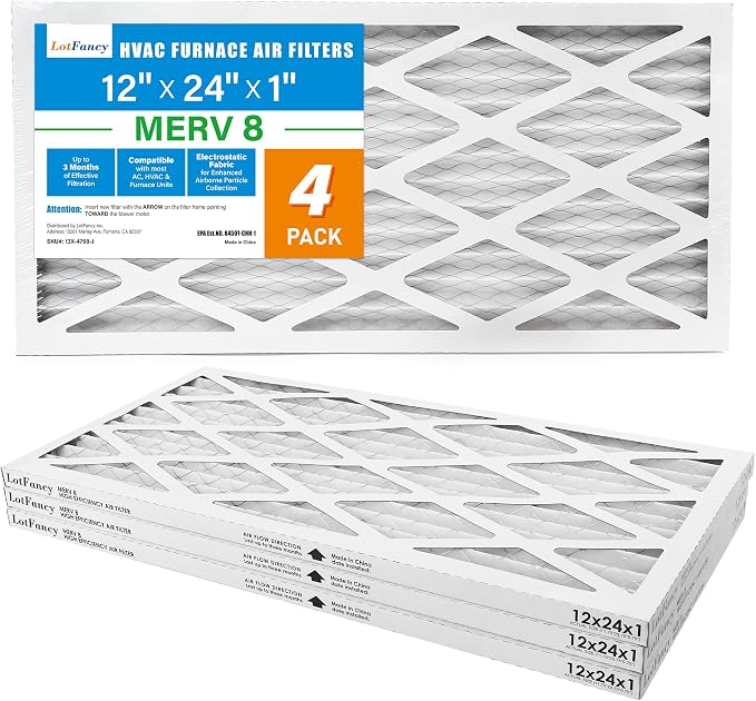 12x24x1 Air Filter MERV 8 4-Pack, Electrostatic Pleated Furnace & AC Filter, Captures Dust, Pet Hair, Pollen, alternate view