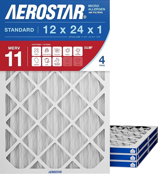 12x24x1 MERV 11 Air Filter, 4 Pack Set of HVAC Furnace Filters, Electrostatic MPR 1000-1200 & FPR 7 (Actual