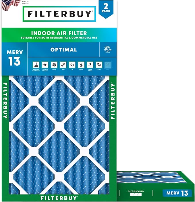 12x24x2 Air Filter MERV 13 Optimal Smoke & Allergy Defense (2-Pack), Electrostatic Pleated HVAC AC Furnace Filters