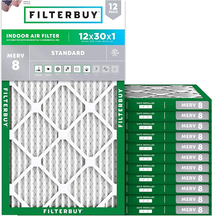 12x30x1 Air Filter MERV 8 Essential Dust & Allergy Defense (12-Pack), Electrostatic Pleated HVAC AC Furnace