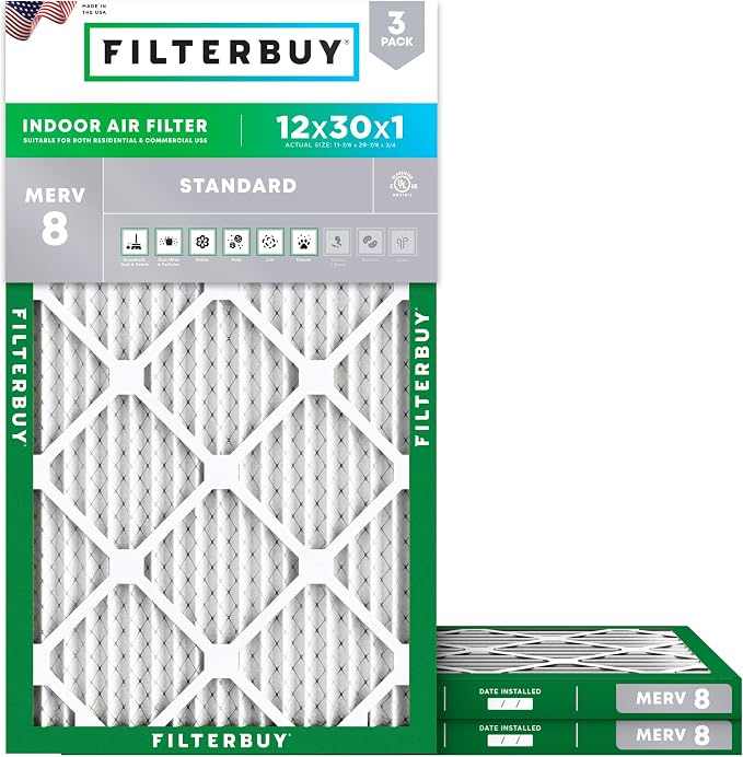 12x30x1 Air Filter MERV 8 Essential Dust & Allergy Defense (3-Pack), Electrostatic Pleated HVAC AC Furnace