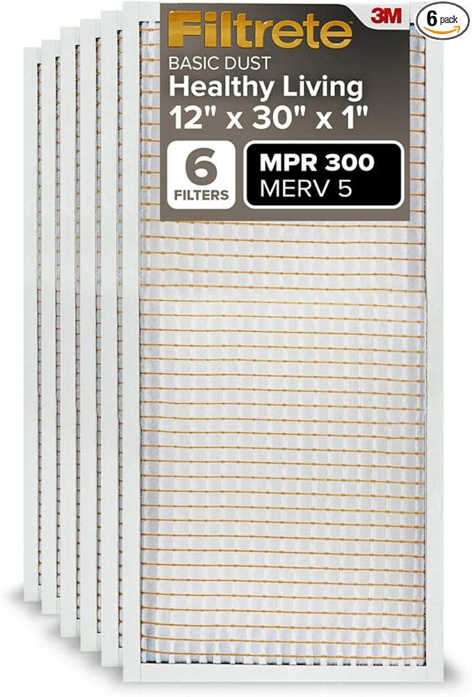 12x30x1 Air Filter, MPR 300, MERV 5, Clean Living Basic Dust 3-Month Pleated 1-Inch Air Filters, 6 Filters, product image