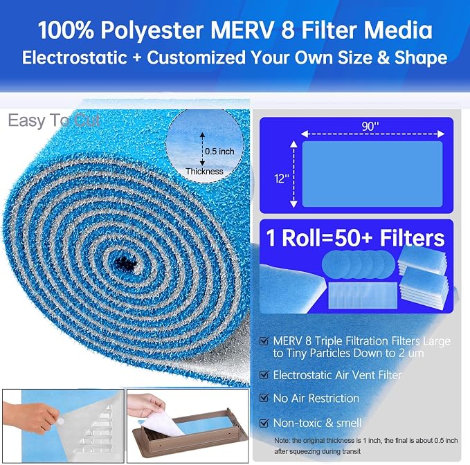 12x90 inches Air Vent Filters, Cut to Size(50+Filters) MERV 8 Electrostatic Floor Vent Filter for Floor Registers, RV, AC
