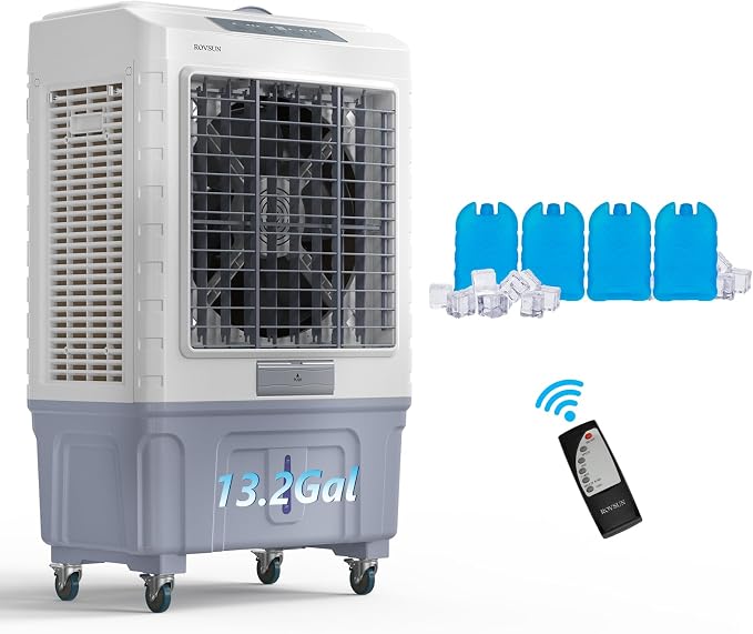13.2Gal Portable Swamp Cooler, 4100CFM Evaporative Air Cooler with Auto Oscillating, Remote, 3 Speeds, 7.5H Timer & 4 Ice
