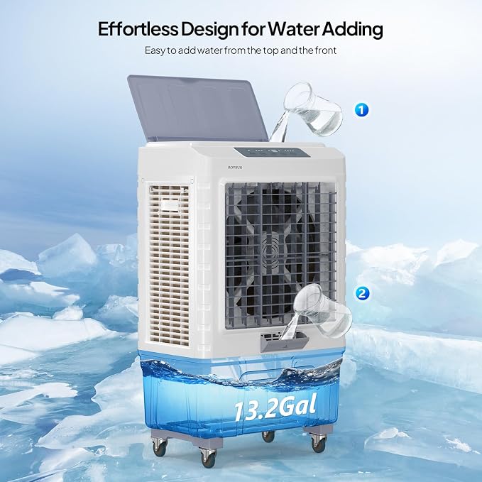 13.2Gal Portable Swamp Cooler, 4100CFM Evaporative Air Cooler with Auto Oscillating, Remote, 3 Speeds, 7.5H Timer & 4 Ice