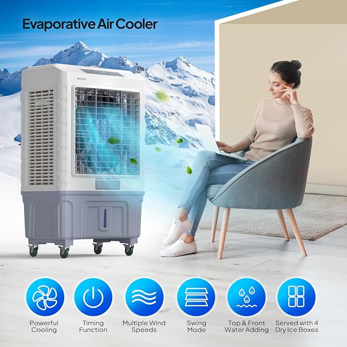 13.2Gallon Evaporative Air Cooler, 4100CFM Portable Swamp Cooler with Remote Control, Oscillation, 3 Speeds, 7.5H Timer & 50L