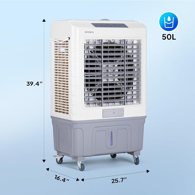 13.2Gallon Evaporative Air Cooler, 4100CFM Portable Swamp Cooler with Remote Control, Oscillation, 3 Speeds, 7.5H Timer & 50L