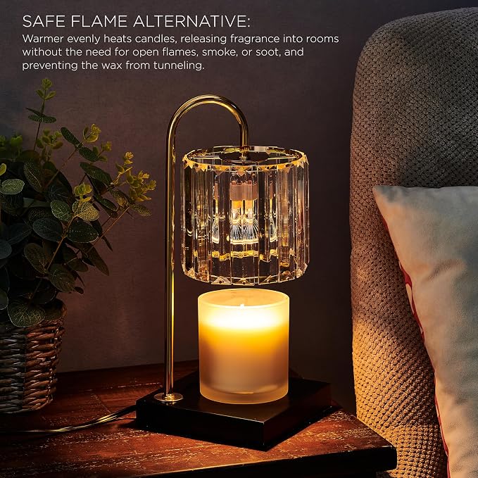 13.8 Inch Clear Glass Shade Electric Candle Warmer with Wood Base - Flameless Candle Melter for Home Decor, Safe Fragrance