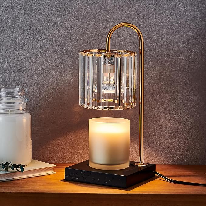 13.8 Inch Clear Glass Shade Electric Candle Warmer with Wood Base - Flameless Candle Melter for Home Decor, Safe Fragrance