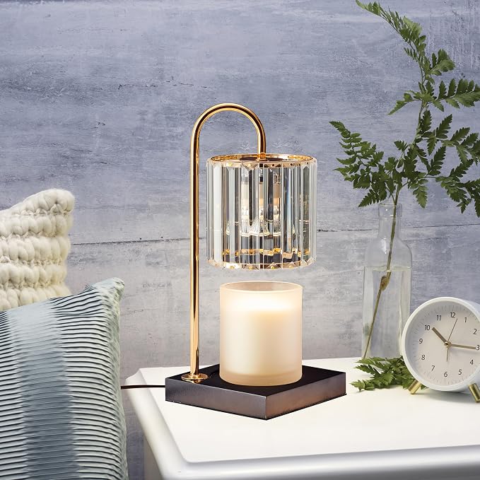 13.8 Inch Clear Glass Shade Electric Candle Warmer with Wood Base - Flameless Candle Melter for Home Decor, Safe Fragrance