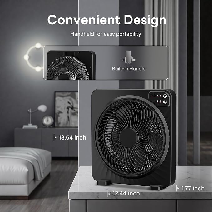 13" Box Fan with Powerful Airflow, Quiet Cooling Desk Fan with Convenient Touch Control, 3 Speeds, 5 Blades, 15h Timer