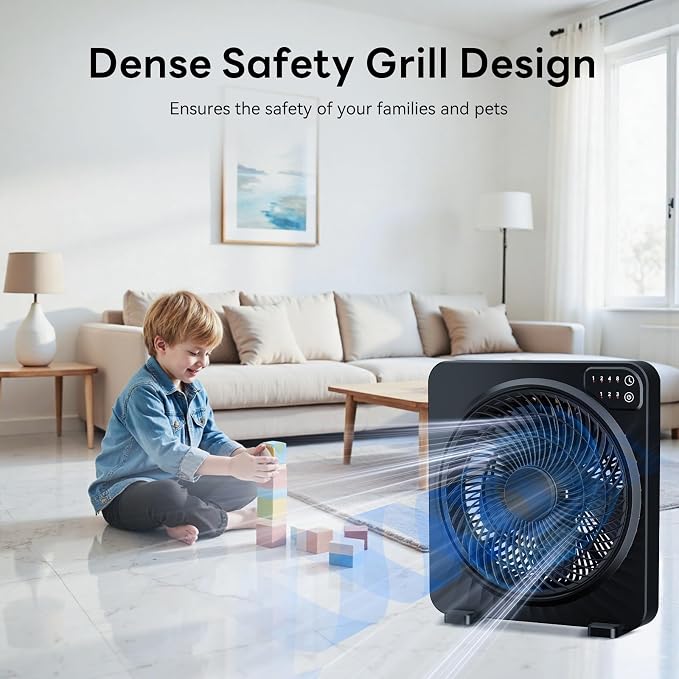 13" Box Fan with Powerful Airflow, Quiet Cooling Desk Fan with Convenient Touch Control, 3 Speeds, 5 Blades, 15h Timer