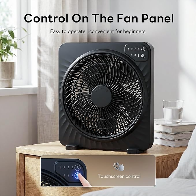 13" Box Fan with Powerful Airflow, Quiet Cooling Desk Fan with Convenient Touch Control, 3 Speeds, 5 Blades, 15h Timer