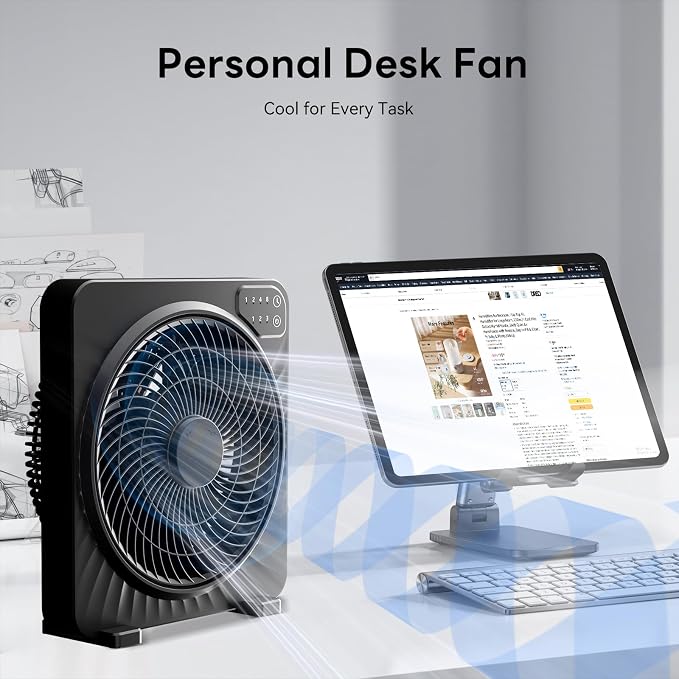 13" Box Fan with Powerful Airflow, Quiet Cooling Desk Fan with Convenient Touch Control, 3 Speeds, 5 Blades, 15h Timer