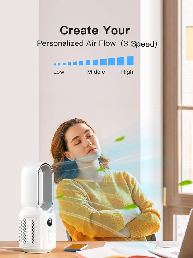 13 Inch Desk Fan, Bladeless Table Fan, 106° Oscillating Fan Touch Control with 3 Speeds and Night Light, Small, alternate