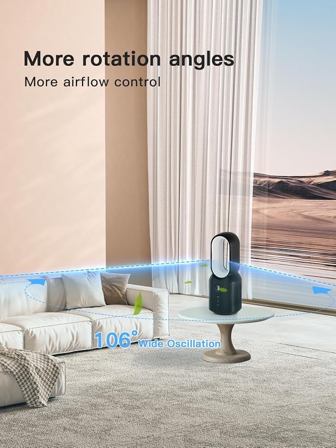 13 Inch Desk Fan, Small Bladeless Table Fan, 106° Oscillating Fan Touch Control with 3 Speeds and Night Light, alternate