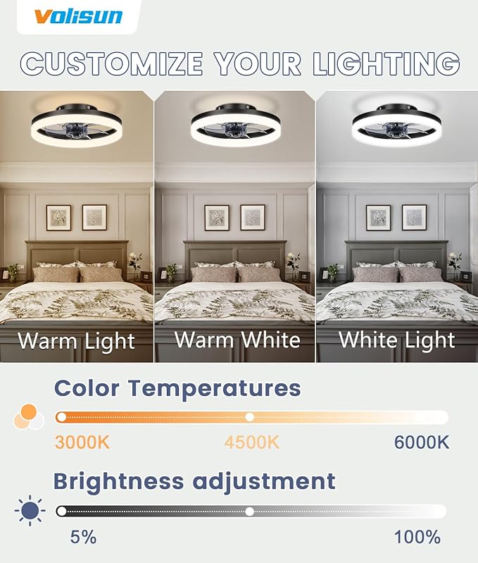 13 inch Small Ceiling Fans with Lights and Remote, Low Profile Ceiling Fans with Light, 3000K-6500K Dimmable LED Ceiling