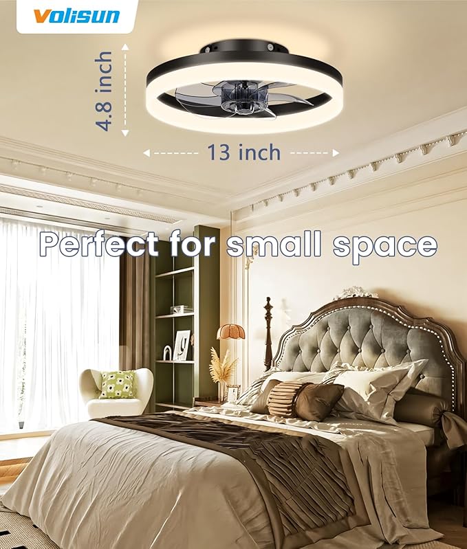 13 inch Small Ceiling Fans with Lights and Remote, Low Profile Ceiling Fans with Light, 3000K-6500K Dimmable LED Ceiling