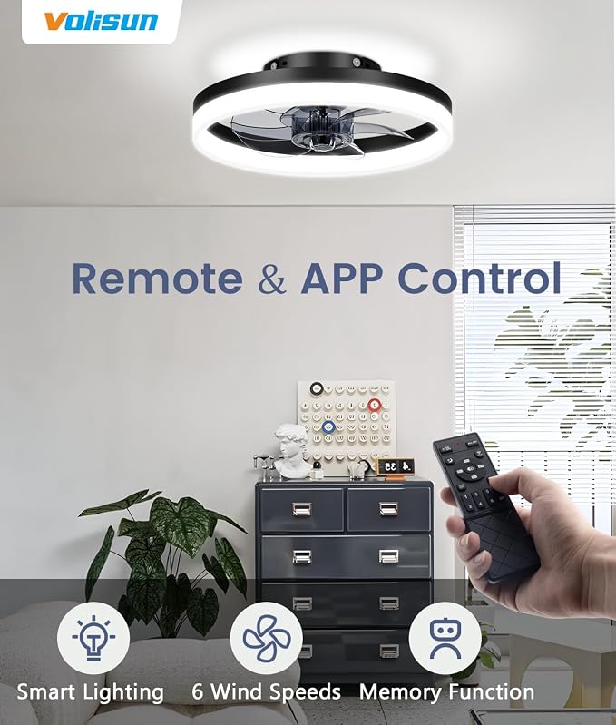 13 inch Small Ceiling Fans with Lights and Remote, Low Profile Ceiling Fans with Light, 3000K-6500K Dimmable LED Ceiling