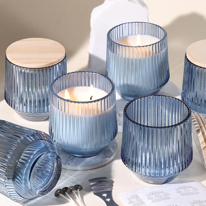13 OZ Blue Large Candle Jars for Making Candles - 6 Pack Glass Candle Jars Bulk with Vertical Striped, Candle