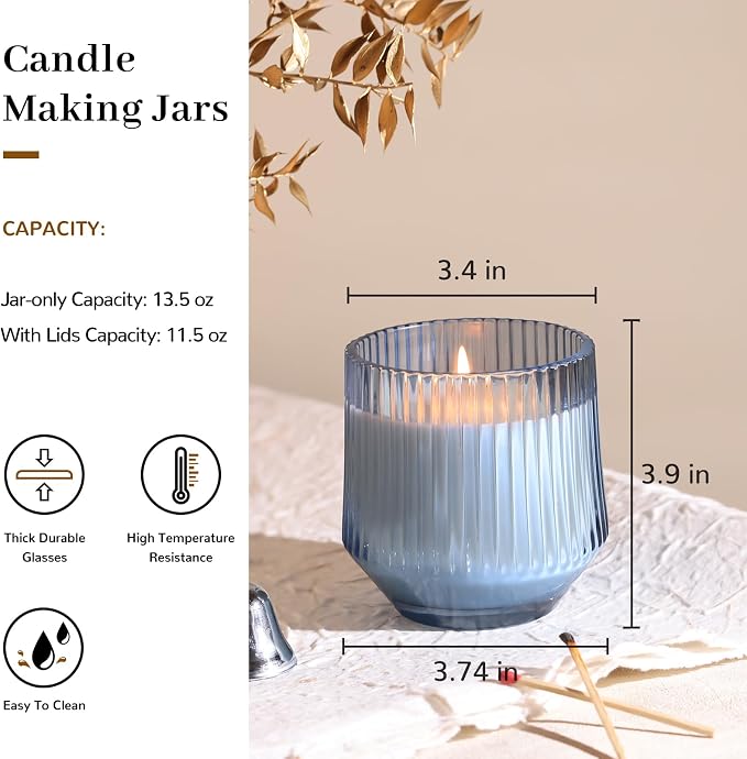 13 OZ Blue Large Candle Jars for Making Candles - 6 Pack Glass Candle Jars Bulk with Vertical Striped, Candle, alternate view