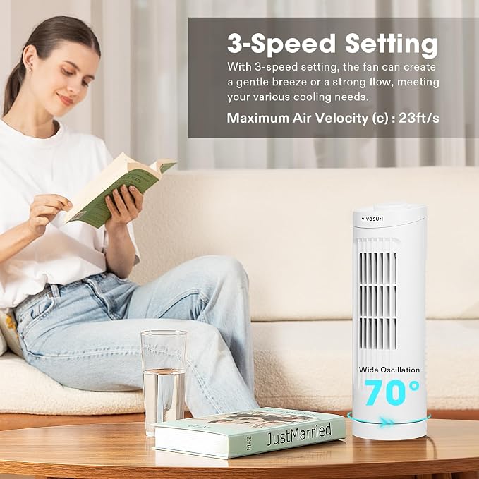 13'' Tower Fan, Bladeless Desk Fan with 3 Speeds and 70° Oscillation, Portable and Compact, Quiet Cooling Fan for Home and