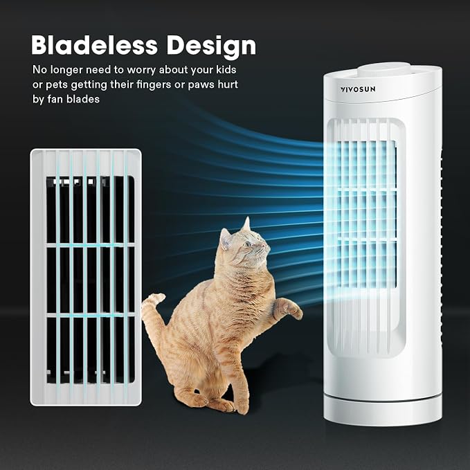 13'' Tower Fan, Bladeless Desk Fan with 3 Speeds and 70° Oscillation, Portable and Compact, Quiet Cooling Fan for Home and