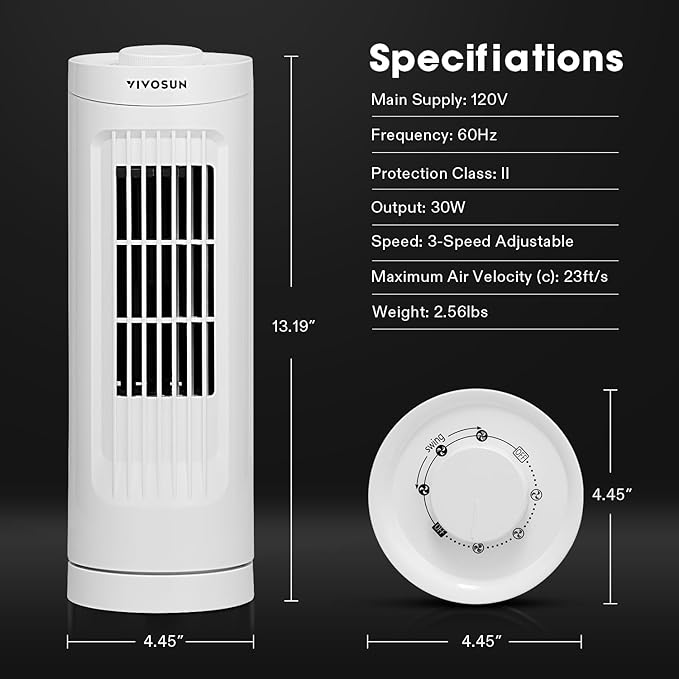 13'' Tower Fan, Bladeless Desk Fan with 3 Speeds and 70° Oscillation, Portable and Compact, Quiet Cooling Fan for Home and