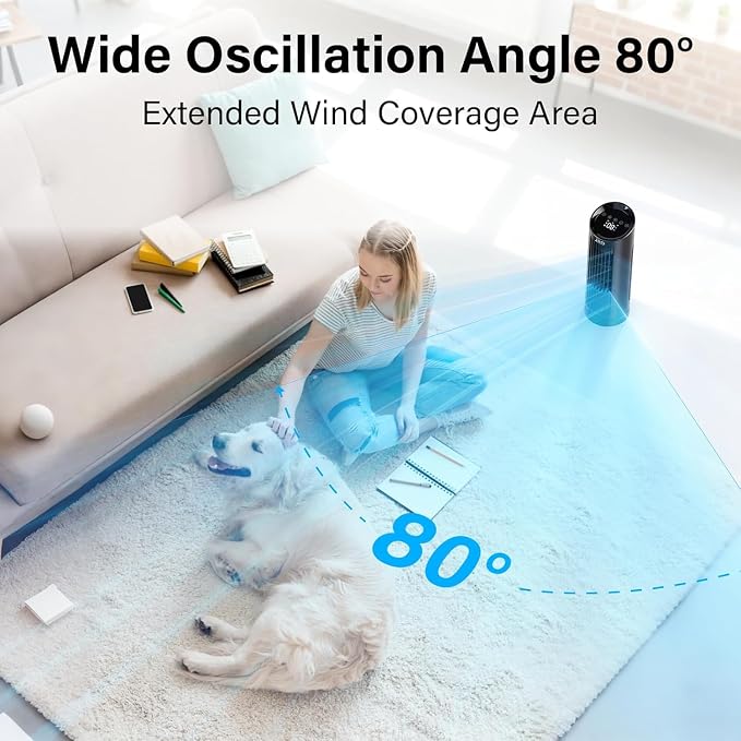 13'' Tower Fan for Bedroom, Quiet Cooling Fan Bladeless Desk Fan with Remote, 80° Oscillating, 3 Speed, 4 Mode, alternate