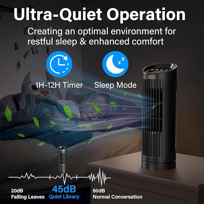 13'' Tower Fan for Bedroom, Quiet Cooling Fan Bladeless Desk Fan with Remote, 80° Oscillating, 3 Speed, 4 Mode, alternate