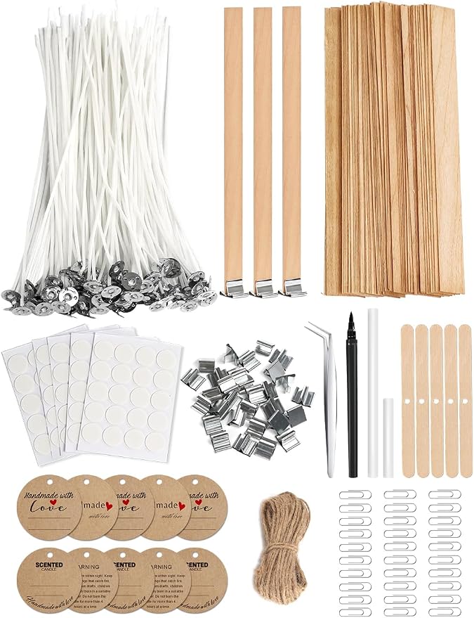 130 Pcs Candle Wicks for Candle Making Kit: 100 Cotton & 30 Wood Wicks with Complete Tool Set (Wick Holders, Wick Stickers