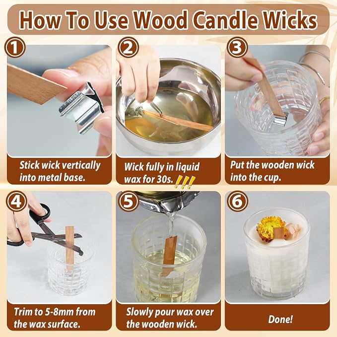 130 Pcs Candle Wicks for Candle Making Kit: 100 Cotton & 30 Wood Wicks with Complete Tool Set (Wick Holders, Wick Stickers