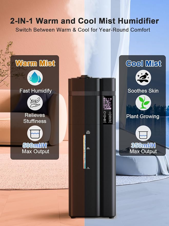 13L/3.4Gal Humidifiers for Bedroom, Ultrasonic Warm & Cool Mist Humidifier Large Room, Covers 800ft2, 72H Runtime, 24H Timer