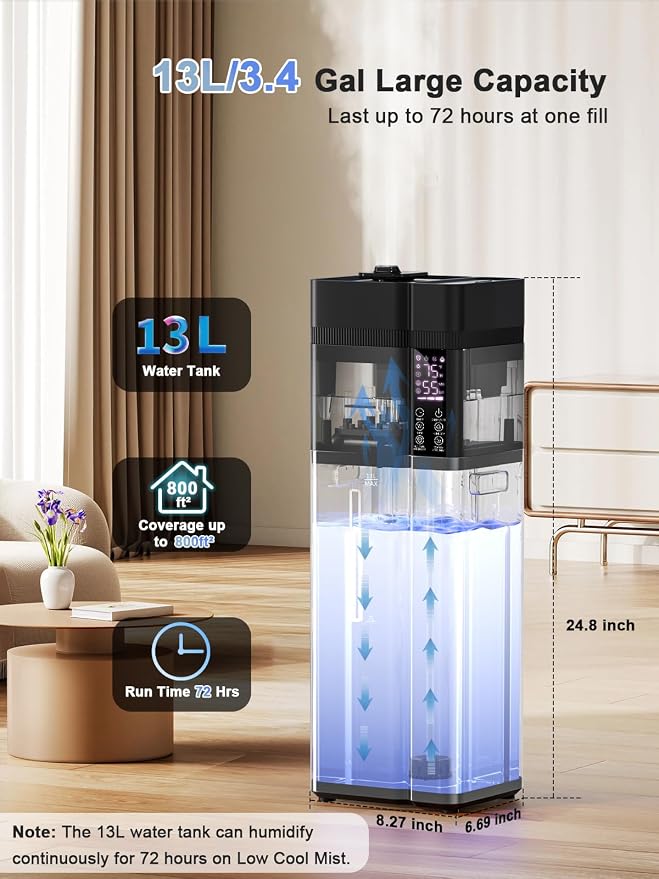 13L/3.4Gal Humidifiers for Bedroom, Ultrasonic Warm & Cool Mist Humidifier Large Room, Covers 800ft2, 72H Runtime, 24H Timer