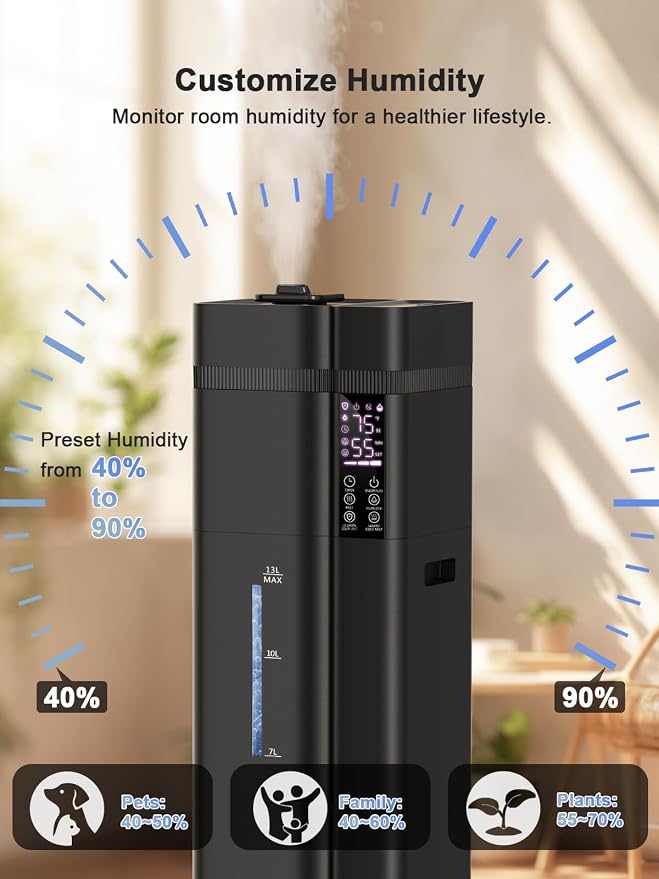 13L/3.4Gal Humidifiers for Bedroom, Ultrasonic Warm & Cool Mist Humidifier Large Room, Covers 800ft2, 72H Runtime, 24H Timer