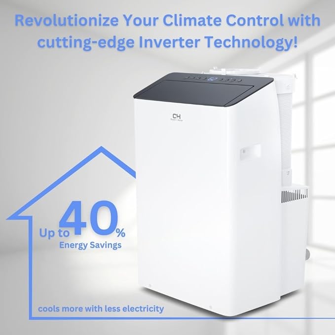 14,000 BTU (12,000 BTU SACC) Inverter Portable Air Conditioner with Heat Pump with Dual Hose, Dehumidifier, and Fan For Areas