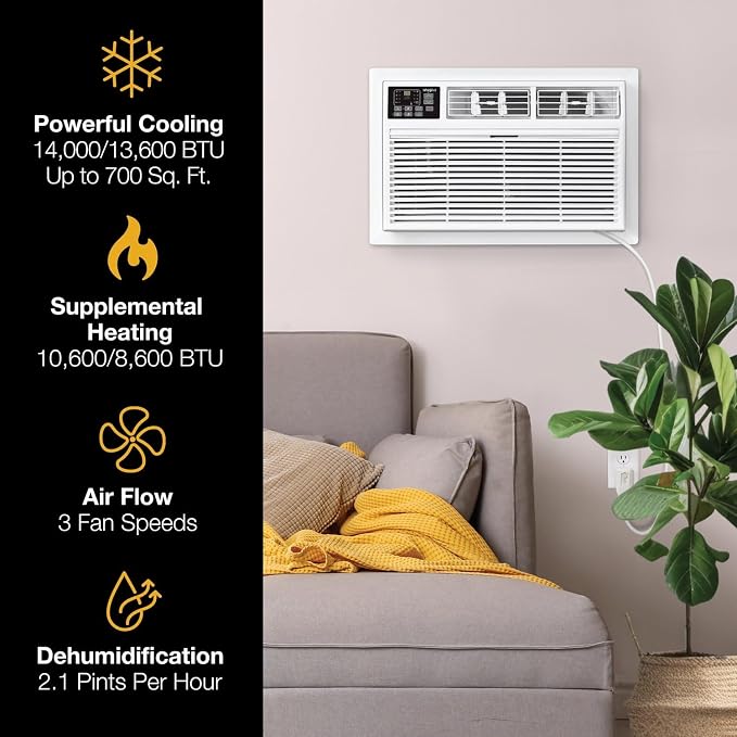 14,000 BTU 230V Through-the-Wall Air Conditioner with Supplemental Heat, Dehumidifier and Remote, Wall AC Unit for Apartment