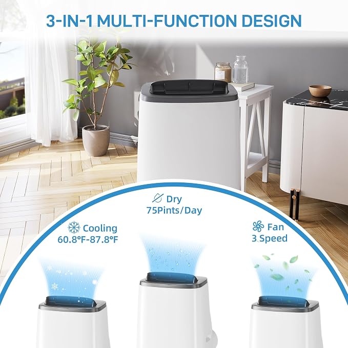 14,000 BTU Portable Air Conditioner, 3-in-1 Cooling, Dehumidifier & Fan, Cools Rooms Up to 700 Sq.Ft, Remote Control, LED