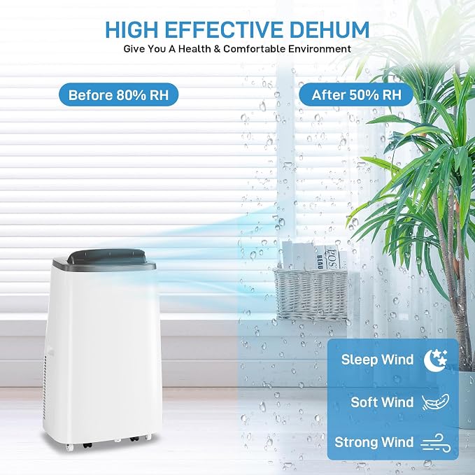 14,000 BTU Portable Air Conditioner, 3-in-1 Cooling, Dehumidifier & Fan, Cools Rooms Up to 700 Sq.Ft, Remote Control, LED