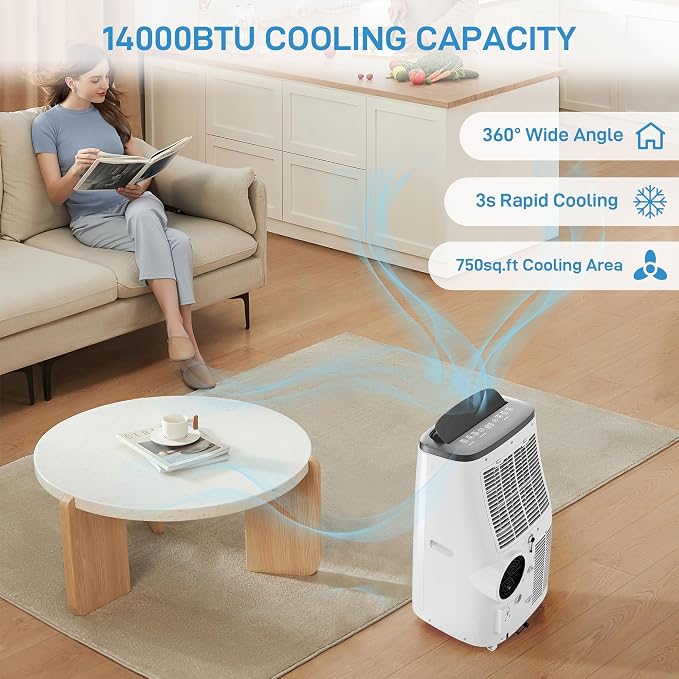 14,000 BTU Portable Air Conditioner, 3-in-1 Cooling, Dehumidifier & Fan, Cools Rooms Up to 700 Sq.Ft, Remote Control, LED