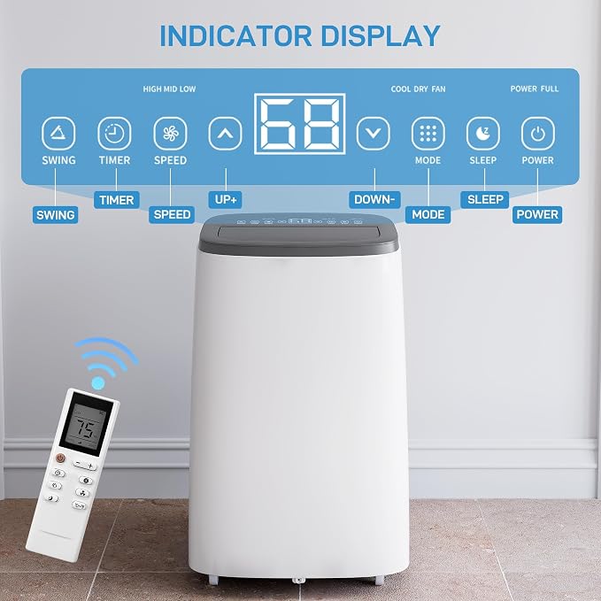 14,000 BTU Portable Air Conditioner, 3-in-1 Cooling, Dehumidifier & Fan, Cools Rooms Up to 700 Sq.Ft, Remote Control, LED