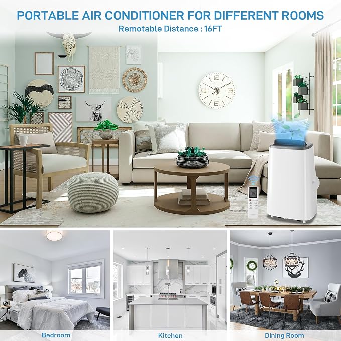 14,000 BTU Portable Air Conditioner, 3-in-1 Cooling, Dehumidifier & Fan, Cools Rooms Up to 700 Sq.Ft, Remote Control, LED