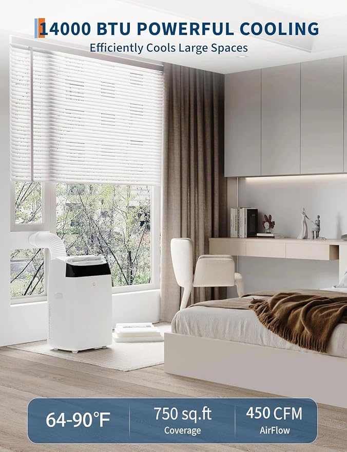 14,000 BTU Portable Air Conditioner, 3-in-1 Portable AC Unit with Cool, Dehumidifier & Fan Modes, Covers Rooms up to 750
