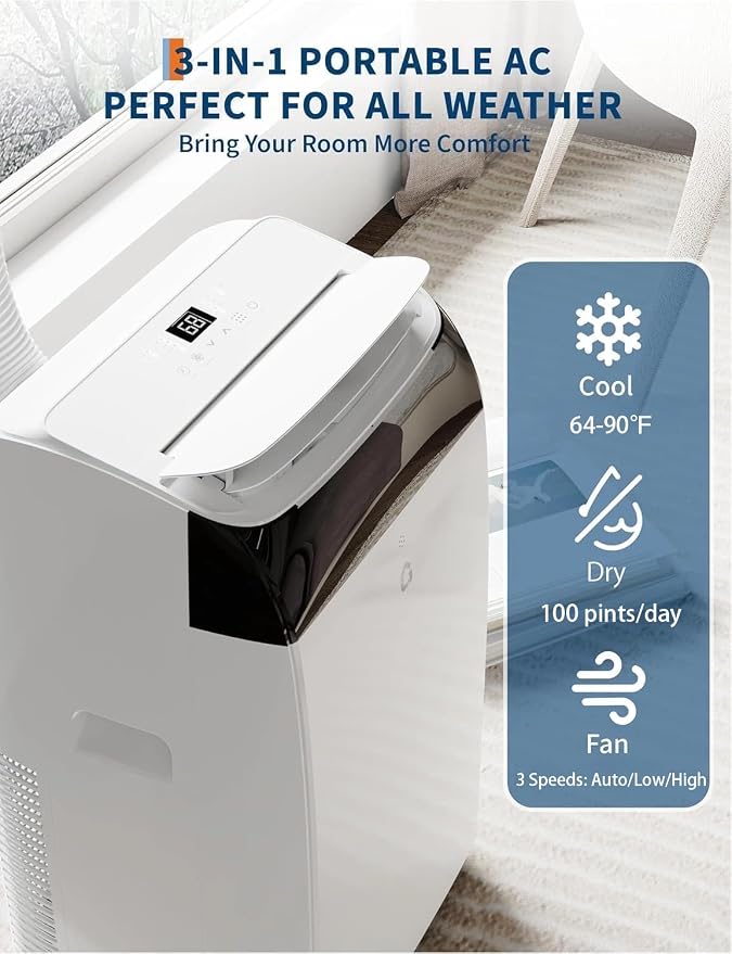 14,000 BTU Portable Air Conditioner, 3-in-1 Portable AC Unit with Cool, Dehumidifier & Fan Modes, Covers Rooms up to 750
