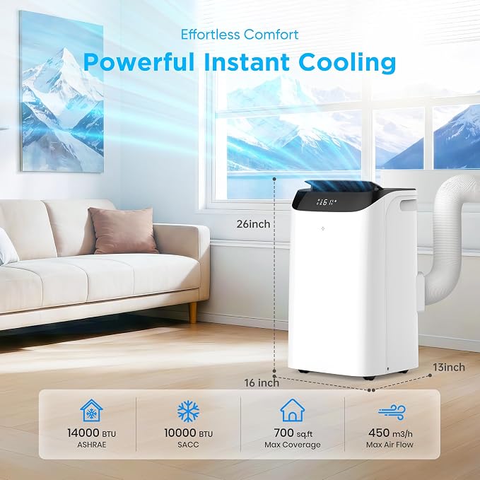 14,000 BTU Portable Air Conditioner Cools Up to 700 Sq.Ft, 3-IN-1 Energy Efficient Portable AC Unit with Remote Control &