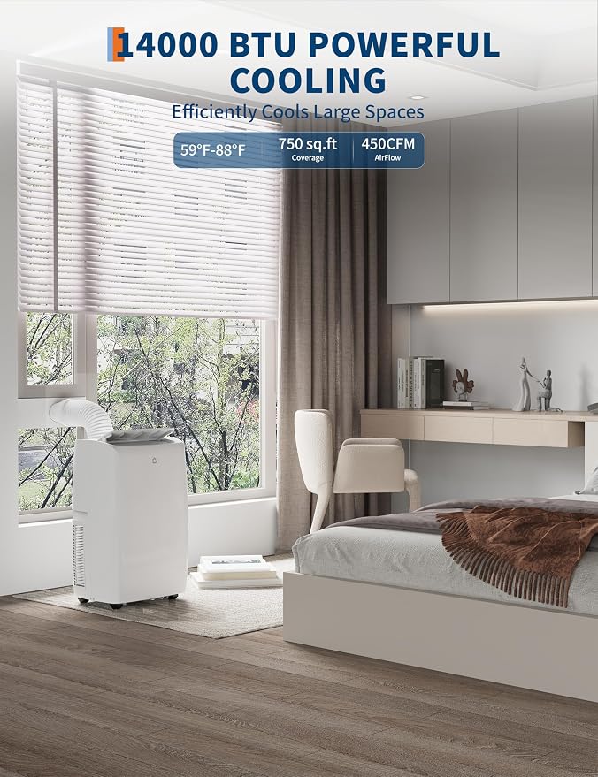 14,000 BTU Portable Air Conditioner Cools Up to 750 Sq.ft, 4-in-1 Quiet AC Unit with Dehumidifier, Fan, Sleep Mode, Remote
